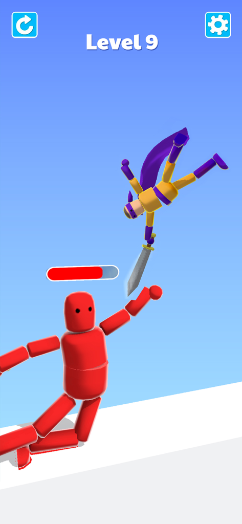 Ragdoll Ninja: Imposter Hero - Um ninja ragdoll amarelo com uma capa roxa atacando um grande inimigo stickman com uma espada