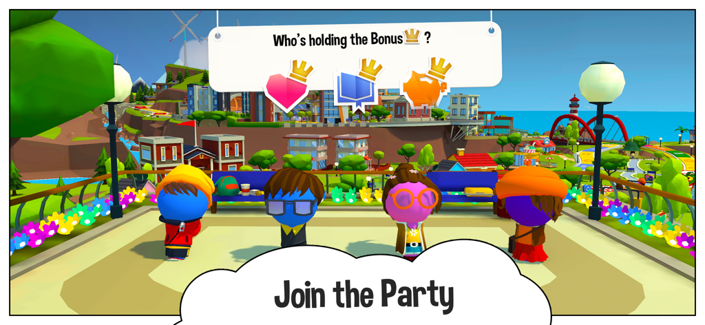 Quatro personagens peão personalizados em um parque 3D de The Game of Life 2.