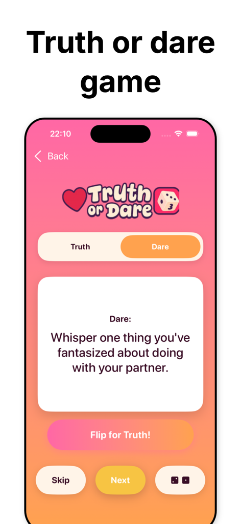 Relationship Game For Couples - Mobile app interface showing a Truth or Dare game for couples with a romantic dare prompt