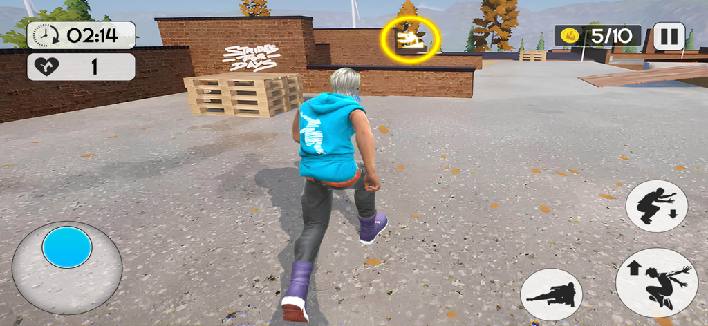 Rooftop Backflip Parkour Games - A character in a blue hoodie running across a rooftop in a parkour mobile game with stunt controls.