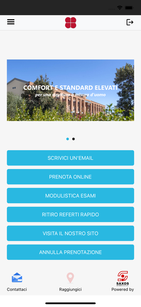 Nuova Casa di Cura - Pantalla de inicio de la aplicación móvil Nuova Casa di Cura con botones para reserva en línea y obtención de informes médicos