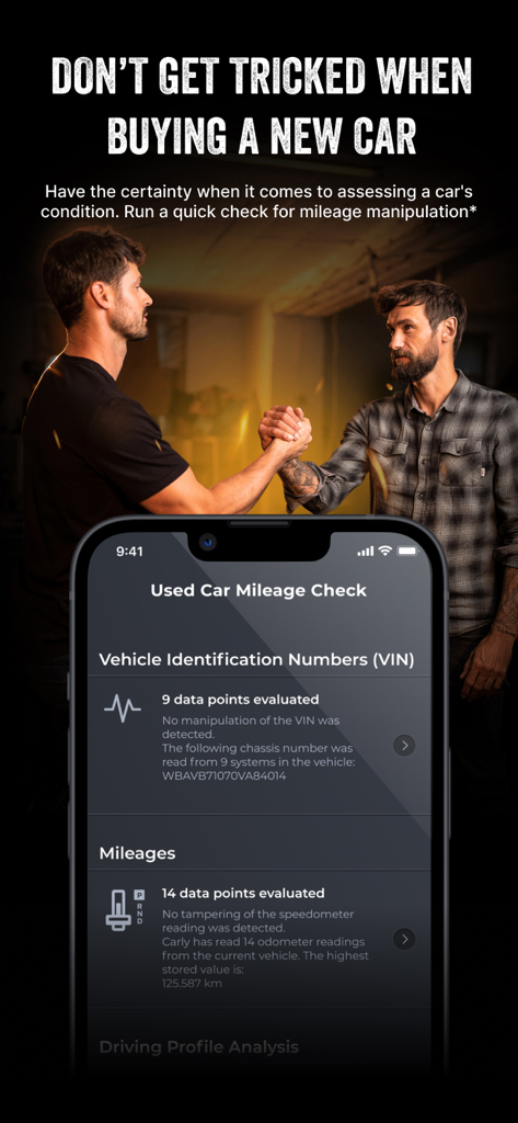 Carly — OBD2 car scanner - Interface de l'application Carly montrant une vérification du kilométrage et de la manipulation du VIN d'une voiture d'occasion