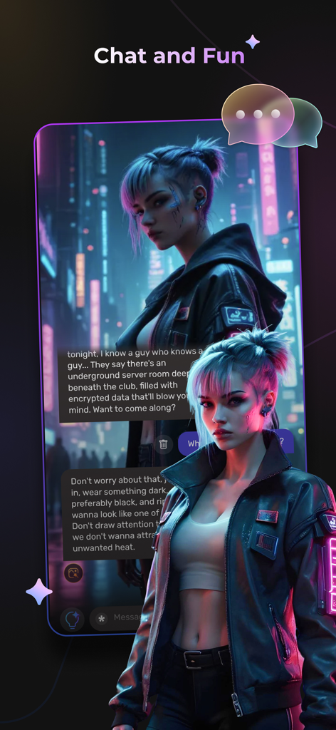 wsup.ai - Mobile app interface of wsup.ai showing a chat conversation with a lifelike cyberpunk AI character
