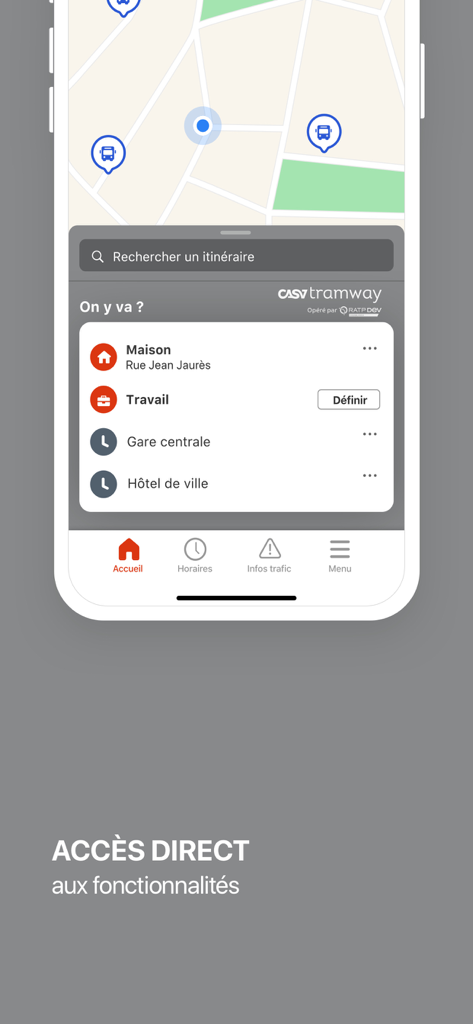 Casatramway - Casatramway app interface showing a city map and saved destinations menu for easy navigation