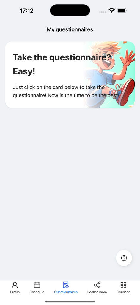 Manager 360 - Manager 360 mobile app questionnaires screen featuring a card to take athlete surveys
