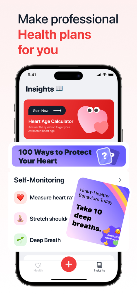 iPhone screen displaying heart health insights, a heart age calculator, and daily self-monitoring habits