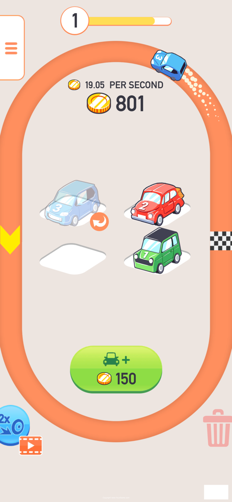 Car Merger gameplay screen showing cars racing on a track and mergeable cars in a parking lot