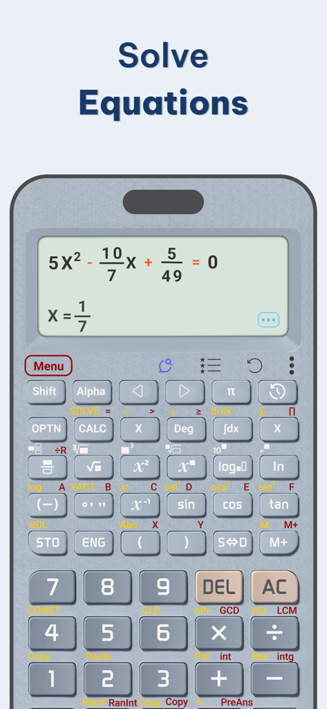 Scientific calculator app interface showing a solved quadratic equation