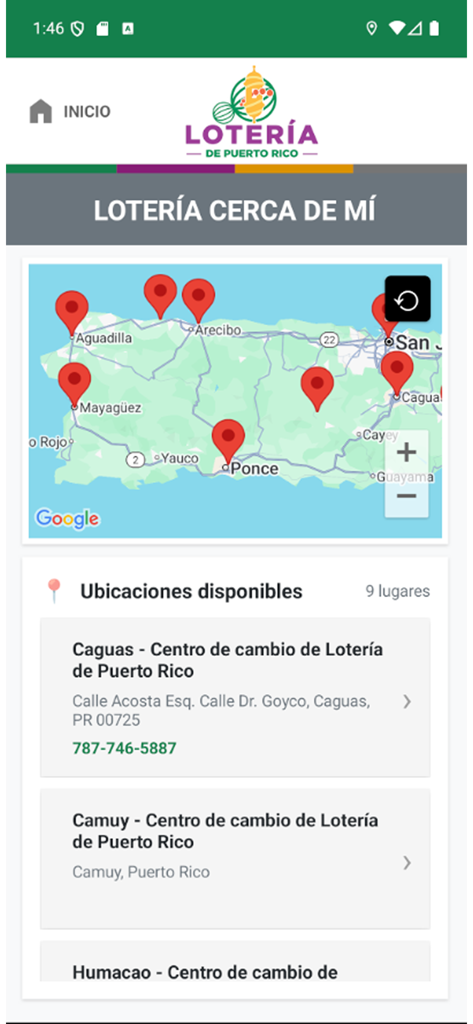 Lotería de Puerto Rico - Mapa de Puerto Rico que muestra la ubicación de los centros oficiales de cobro de la lotería con una lista de ciudades debajo
