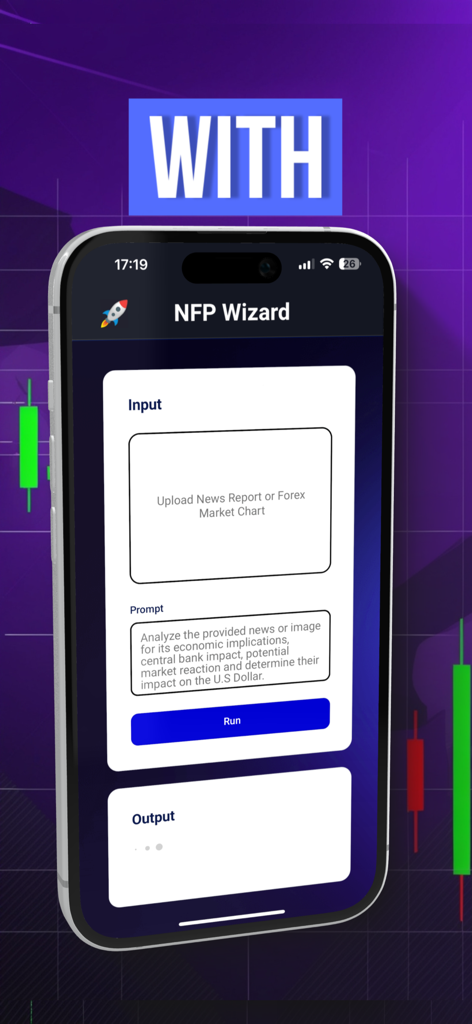 Forex Wizard - Forex Wizard app interface for AI news and market chart analysis