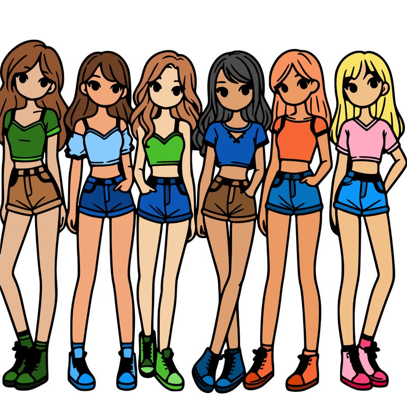 a group of girls wearing crop tops and shorts