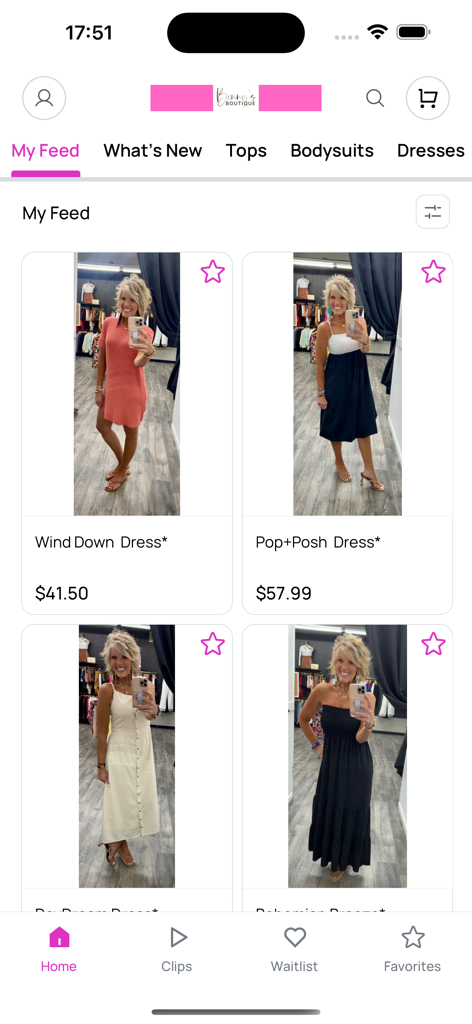Benny's - Benny's Boutique mobile app home screen showing a feed of women's dresses including the Wind Down and Pop and Posh styles.