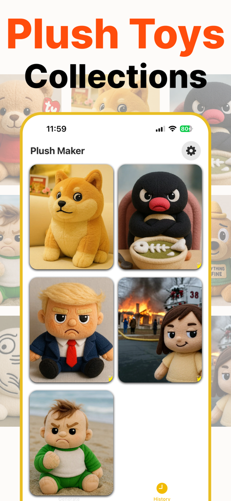 AI Plush Toy Maker－3D Plushie! - A gallery screen showing various AI generated 3D plush toys including a dog and a penguin