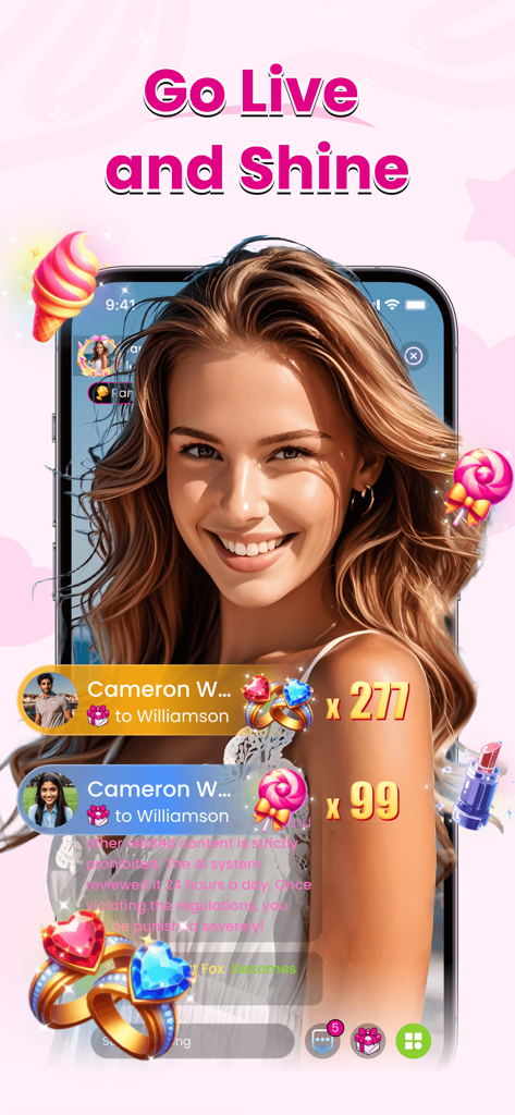 A woman smiling during a live stream on the Tovio app with floating gift icons and interaction notifications.