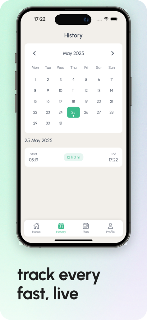 Pantalla de historial de FastFlow que muestra un calendario mensual y un registro detallado de la duración del ayuno.