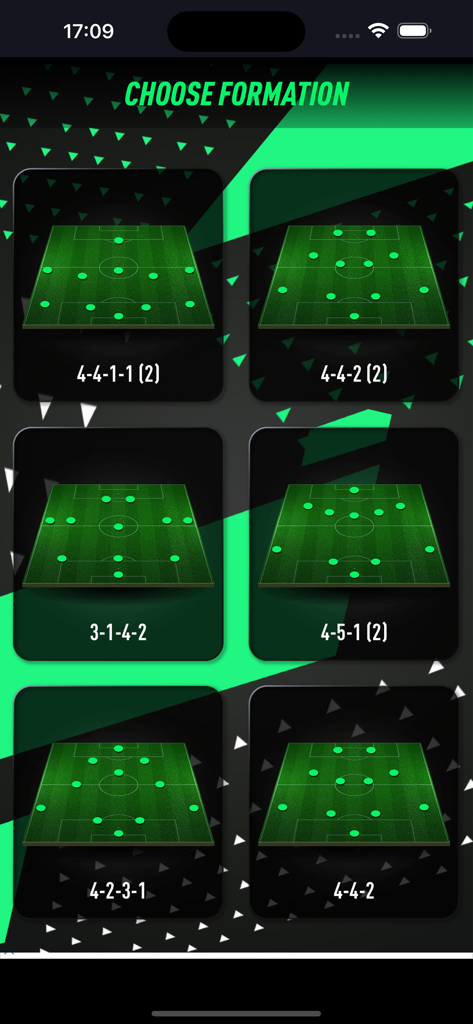 PACFUT 26 - Soccer formation selection screen in PACFUT 26 draft builder showing tactical layouts like 4-4-2 and 4-2-3-1