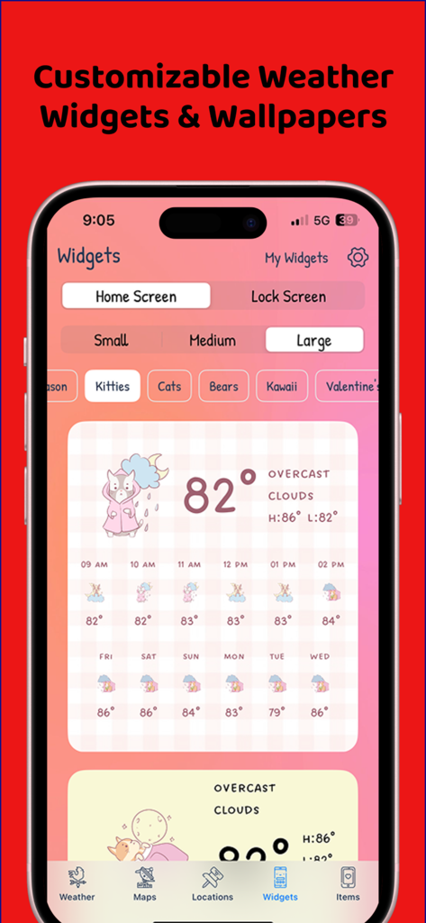 Customizable weather widgets screen in the CuteWeather app featuring cute animal themes and pastel designs.