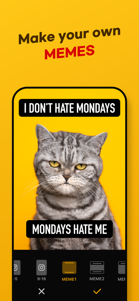 ImgPlay: GIF Maker & Meme - Interfaccia dell'app ImgPlay che mostra la modifica di un meme di un gatto scontroso con didascalie di testo personalizzate e opzioni di layout.