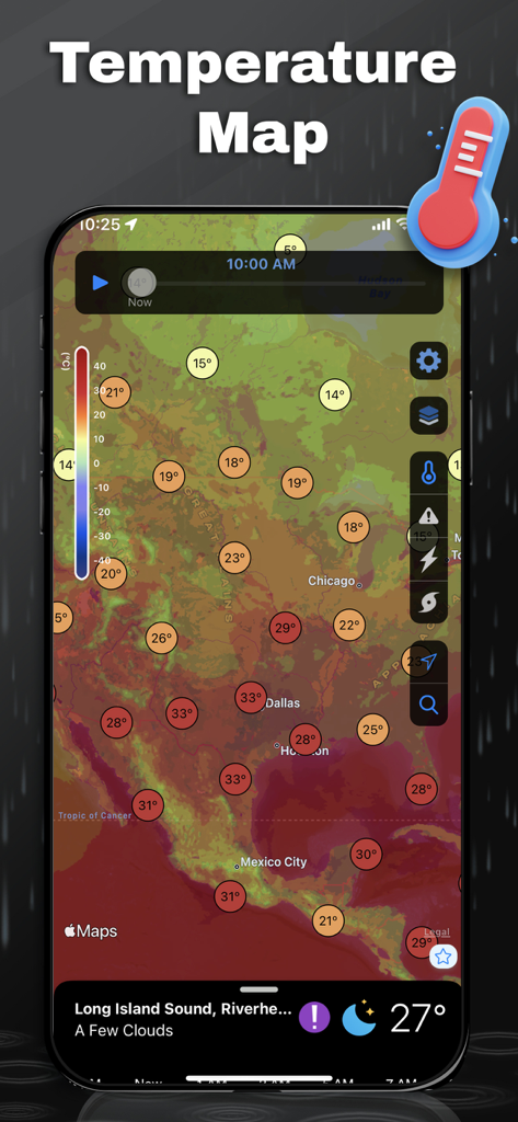 A detailed temperature map on the SkyFlip weather app showing real-time temperature data across North America.