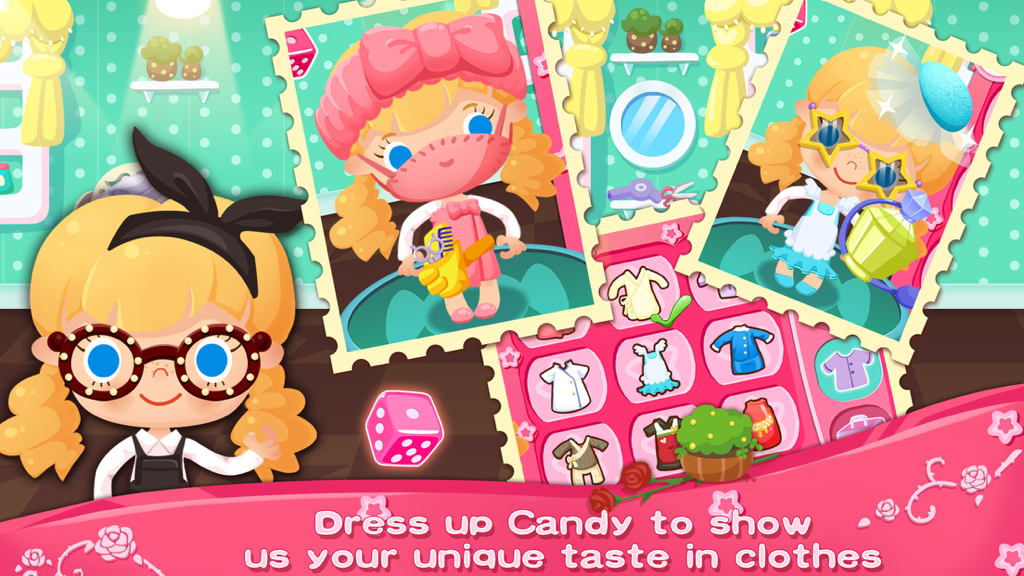 Candy's Beauty Salon - Candy's Beauty Salon dress up screen showing a variety of outfits and accessories for the character Candy