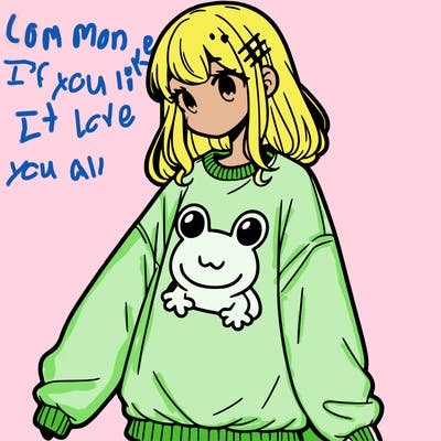 girl wearing frogging sweatshirt