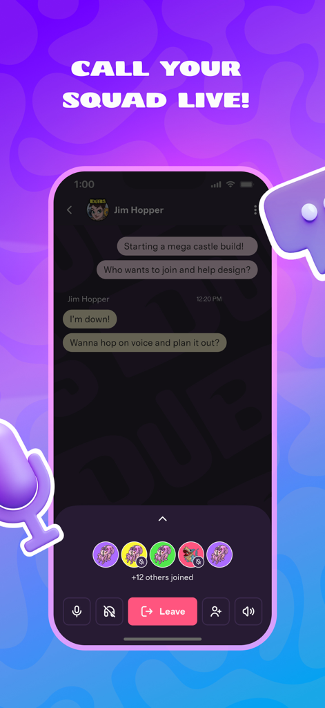 Una interfaz móvil de la app DUBS que muestra una pantalla de chat de voz en vivo y mensajería con amigos gamers.