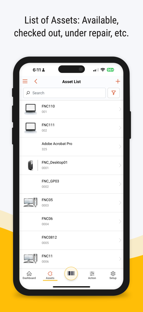 A mobile interface of the Asset Tiger app showing a list of tracked business assets including laptops and software.