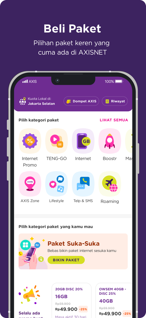 AXISNet - AXISNet 앱 화면. 인터넷 및 통화 요금제 카테고리를 보여줍니다.