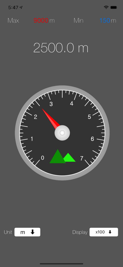 Altimeter - i - Altimeter app interface showing a current altitude of 2500 meters with an analog-style gauge and max and min records.