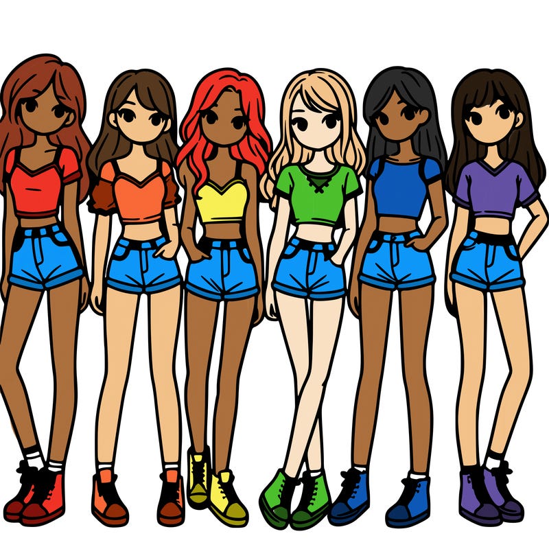 a group of girls wearing crop tops and shorts