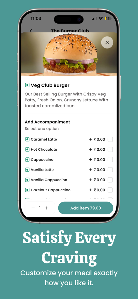 Mobile app interface showing customization options for a burger with beverage add-ons