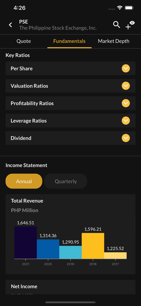 PSE EQUIPアプリの画面。株価ファンダメンタルズ、主要財務比率、年間の総収益棒グラフが表示されています