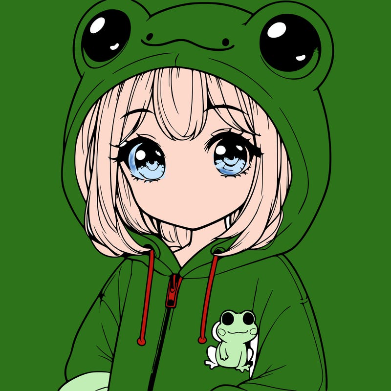 cute realistic girl in a froggy hoodie