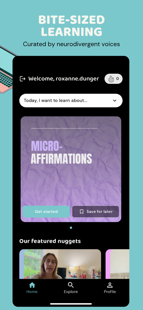 Kaboose - Kaboose app interface showing bite sized learning modules about micro affirmations curated by neurodivergent voices