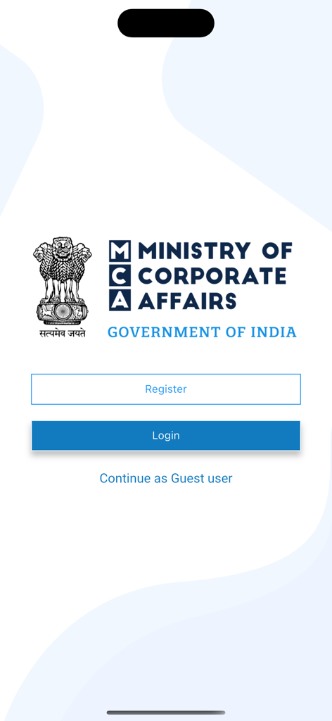 MCA India - Login and registration screen of the MCA India mobile app