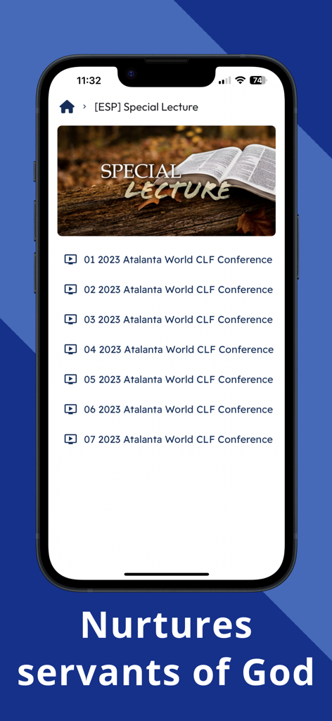 Interface do aplicativo móvel da Good News Theology mostrando uma lista de palestras espirituais especiais