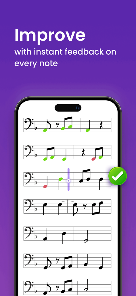 Smartphone screen displaying euphonium sheet music with instant color-coded feedback on notes.