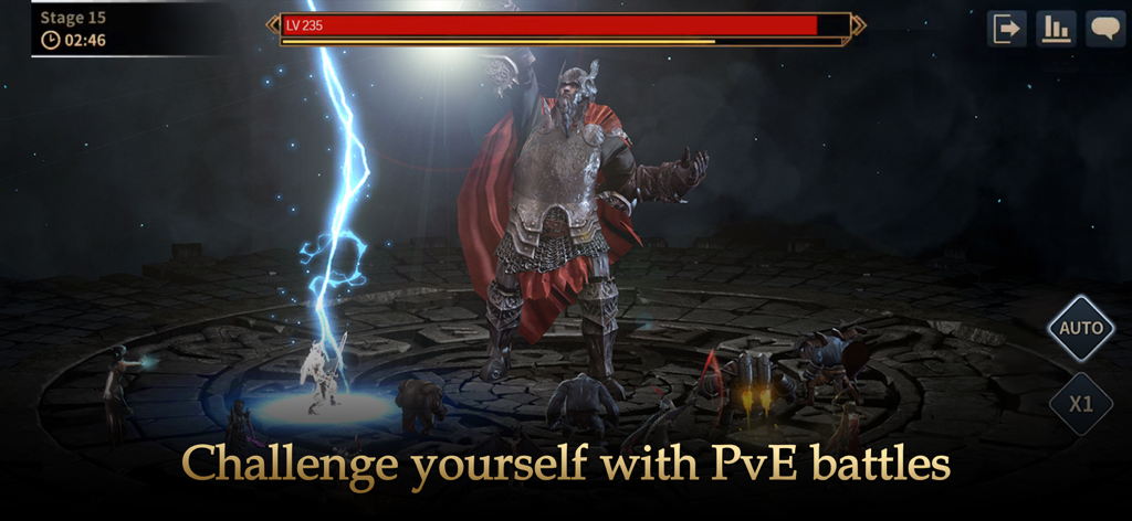 Gods Raid : Team Battle RPG - A team of heroes attacking a giant mythical boss in a PvE battle arena