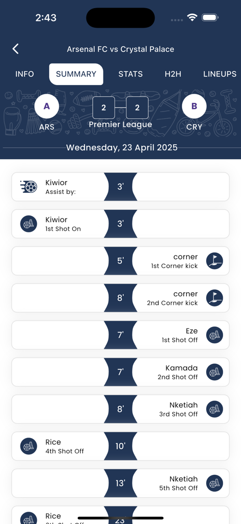 A live match summary timeline showing events and player statistics for an Arsenal vs Crystal Palace football game on the Tudo Football app.
