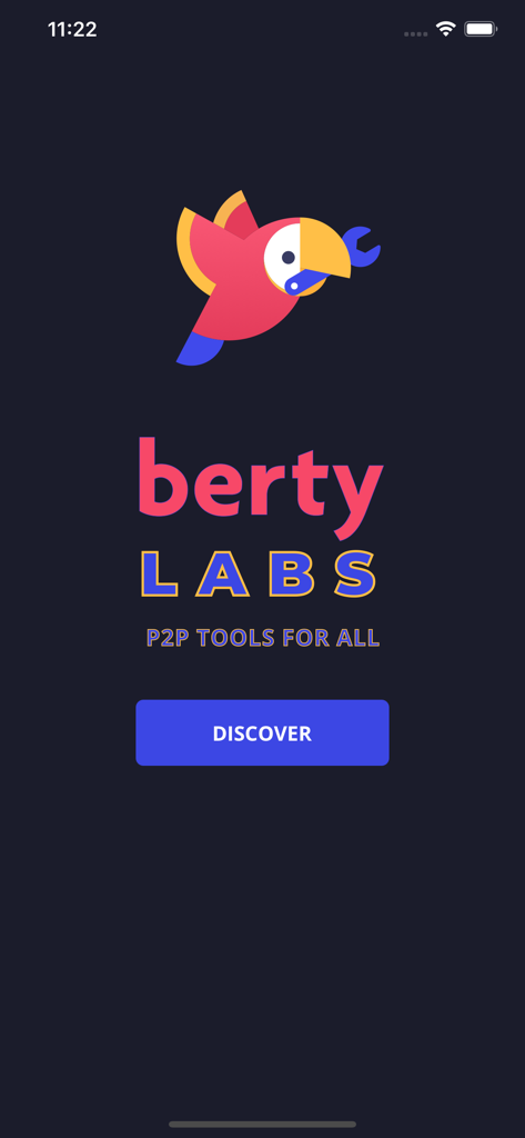 Pantalla de inicio de la aplicación Berty Labs con un logo de loro sosteniendo una llave inglesa y un botón de descubrir