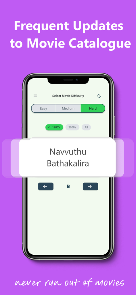 Dumb Charades Telugu - Mobile app interface for Dumb Charades Telugu showing movie difficulty levels and a movie title card.