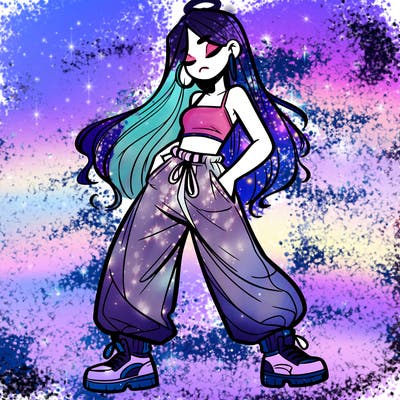 girl in baggy pants crop top and long hair