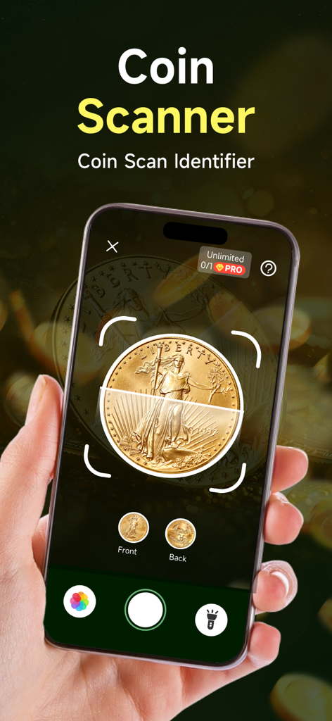 Go Coin Identifier: Coin Value - A hand holding a smartphone using the Go Coin Identifier app to scan a gold Liberty coin for identification and value