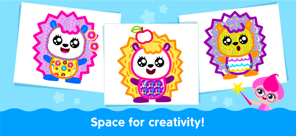 Drei bunte Zeichnungen von Igeln, die die kreativen Möglichkeiten in einer Mal-App für Kinder zeigen