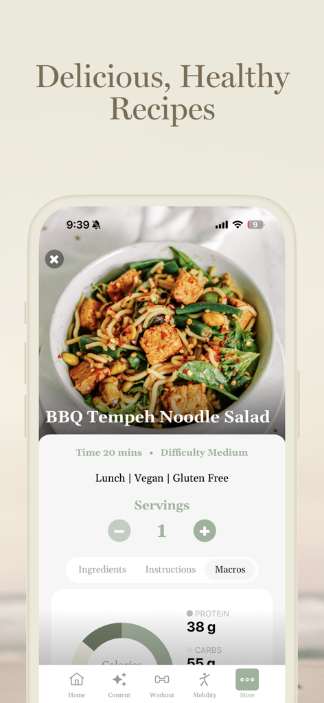 Culture of Motion - Mobile app interface for Culture of Motion showing a BBQ tempeh noodle salad recipe with vegan and gluten free labels