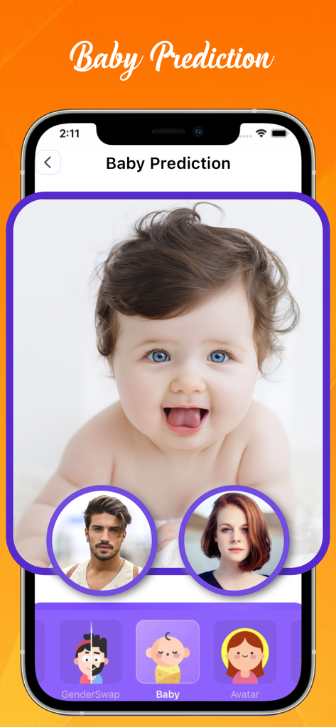 How Will I Look When Im Older - Smartphone screen showing an AI baby prediction feature with a baby face generated from photos of two adults