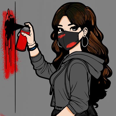 realistic girl with mask spray painting a wall