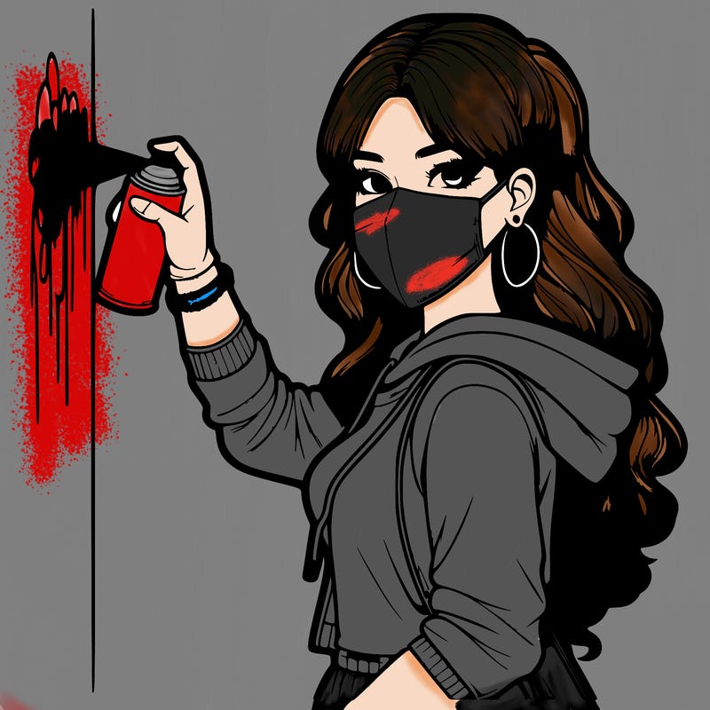 realistic girl with mask spray painting a wall