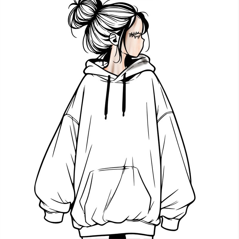 realistic girl with a oversized sweatshirt on and a bun