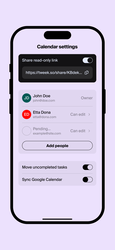 Tweek: Minimal To Do List - Calendar settings screen in Tweek app showing options for sharing links, adding collaborators, and syncing Google Calendar.